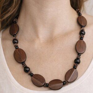 Handcrafted Wooden Disc Bead Necklace Brown Wood Black Glass Copper Boho